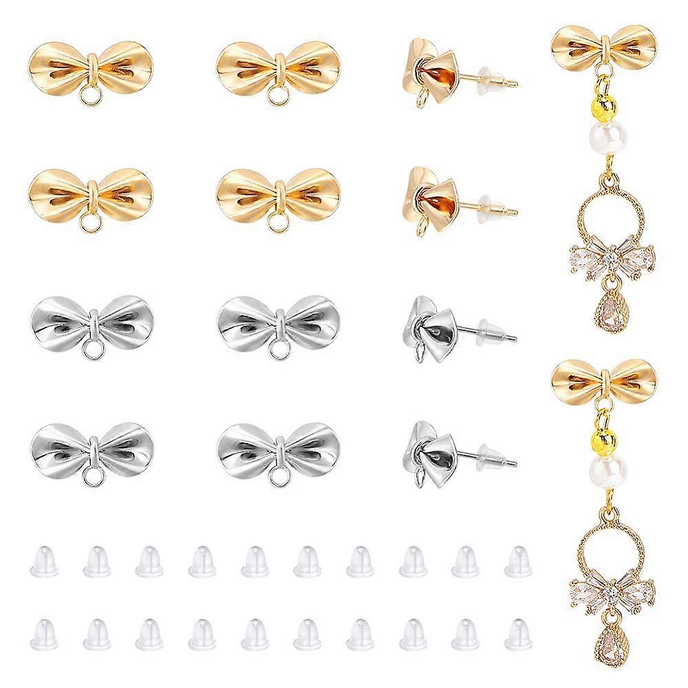 12Pcs 2 Colors Brass Stud Earring Findings with Loop Bowknot 40Pcs Plastic Ear Nuts Mixed Color 6.5x15.5mm Hole: 1mm Pin: 0.7mm 6Pcs/color