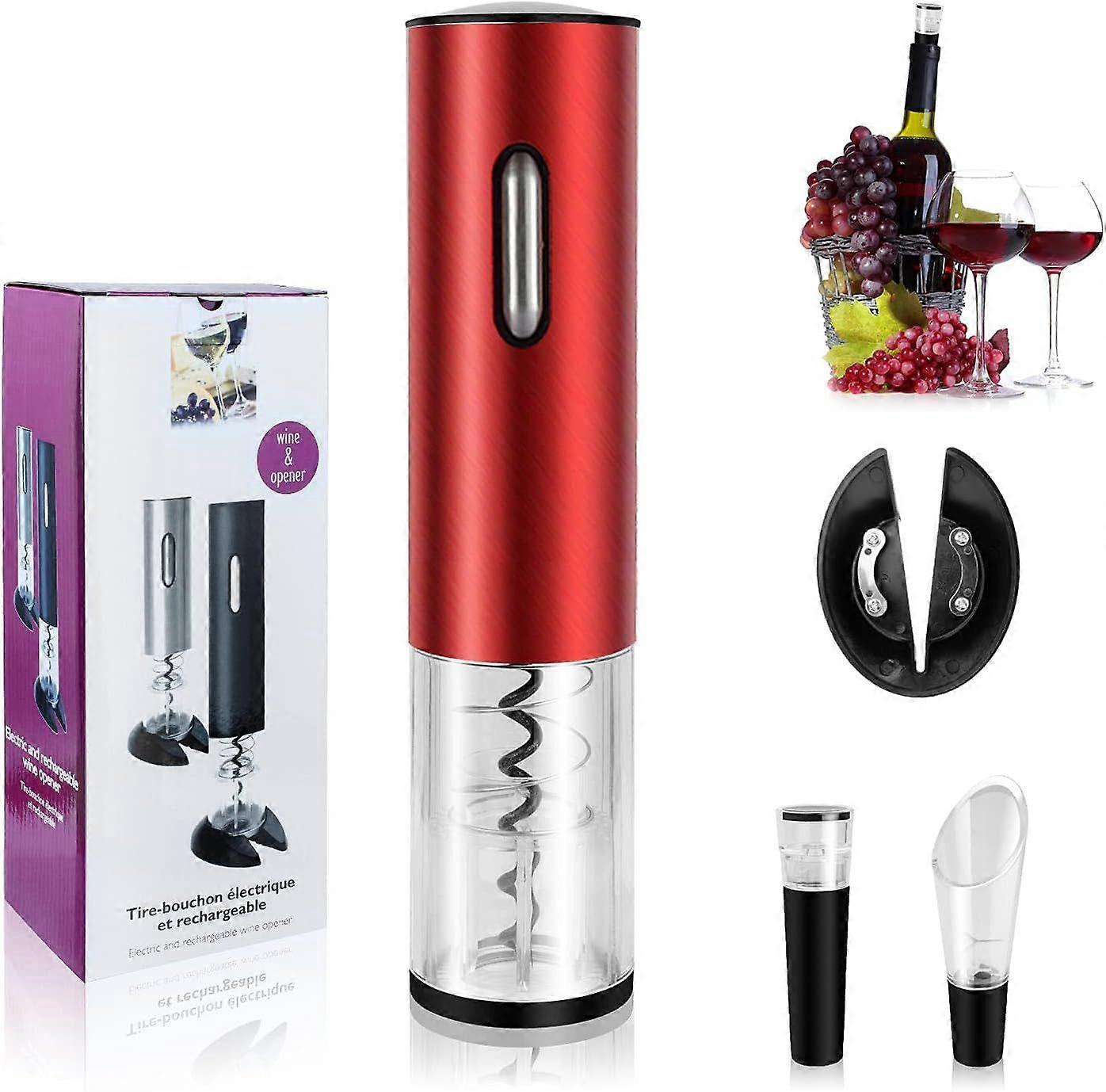 Electronic corkscrew set, rechargeable automatic corkscrew corkscrew set with wine pourer, suitable for family, restaurant, party and as a gift (red)