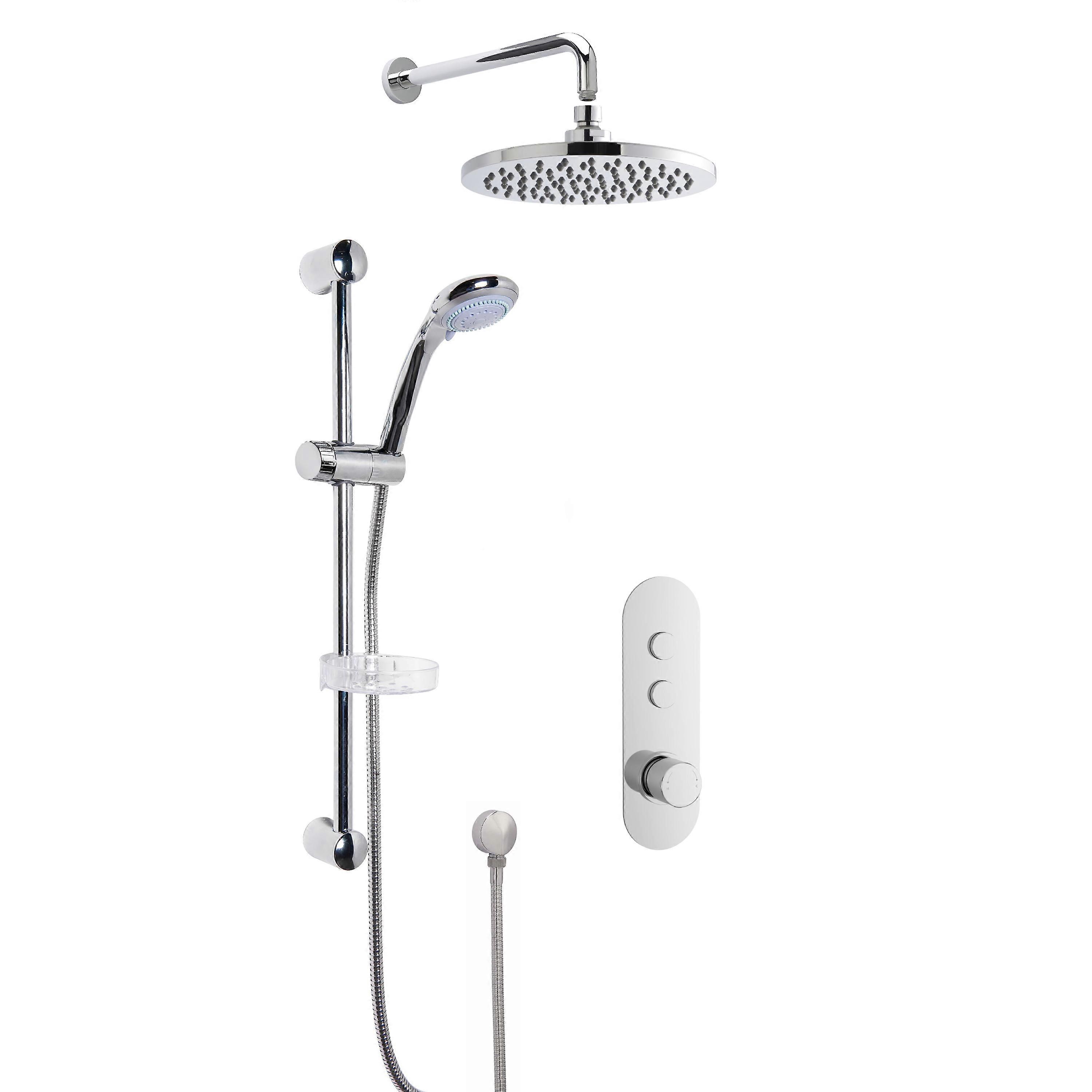 Concealed Round Push Button 2 Outlet Valve with Multi Function Slide Rail Kit, Arm & Head Shower Bundle - Chrome - Balterley