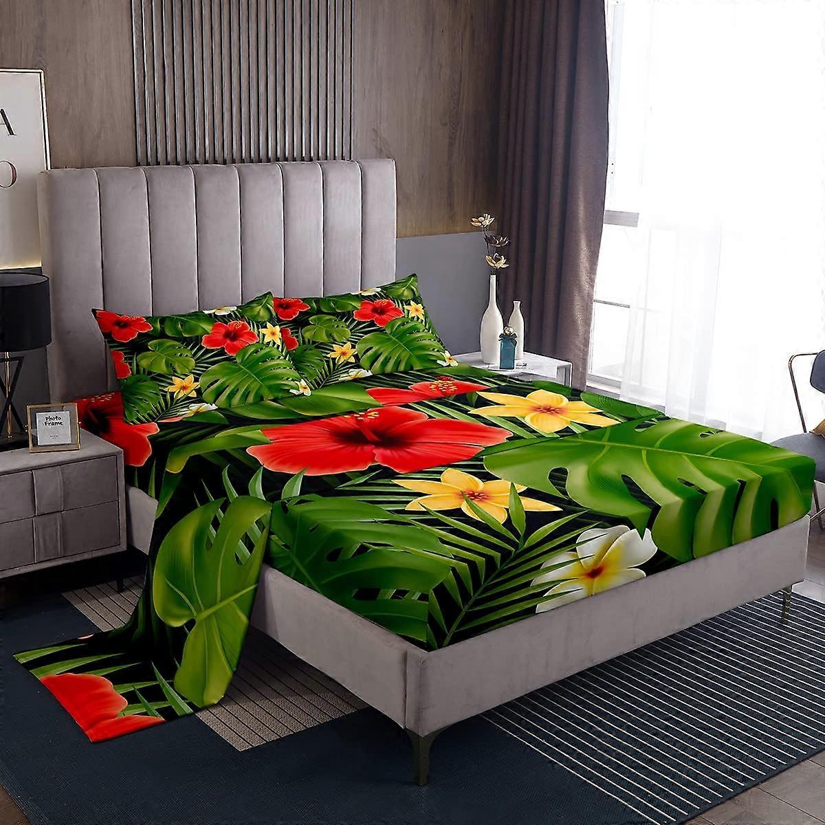 Tropical Palm Sheet Set for Kids - Full Size, Floral Print, Fitted Deep Pocket, Includes Flat Sheet+2 Pillowcases
