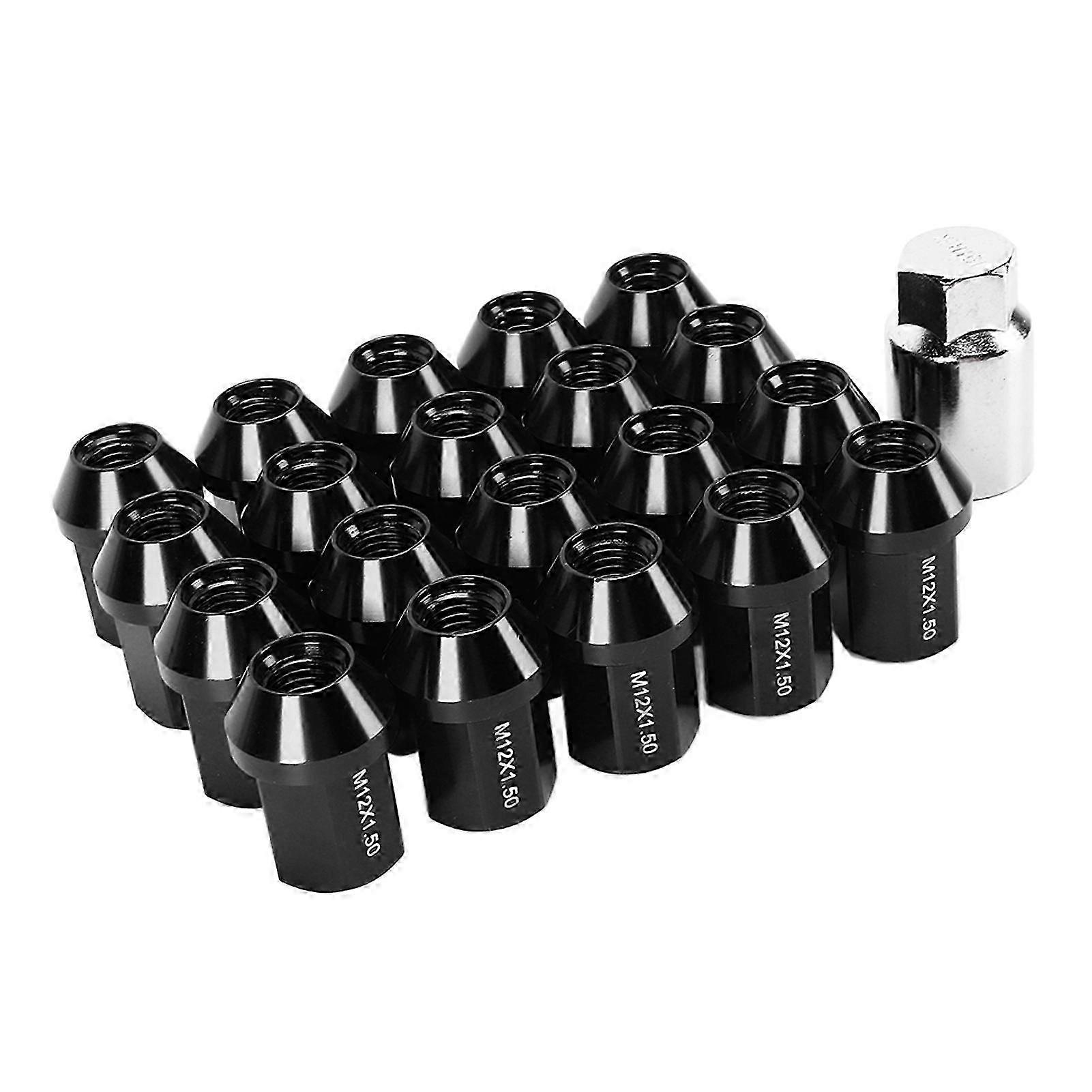 20pcs Universal M12x1.5 Racing Wheels Rims Lug Nuts 90mm Aluminium Alloy Spiked Nuts with Socket KeyBlack