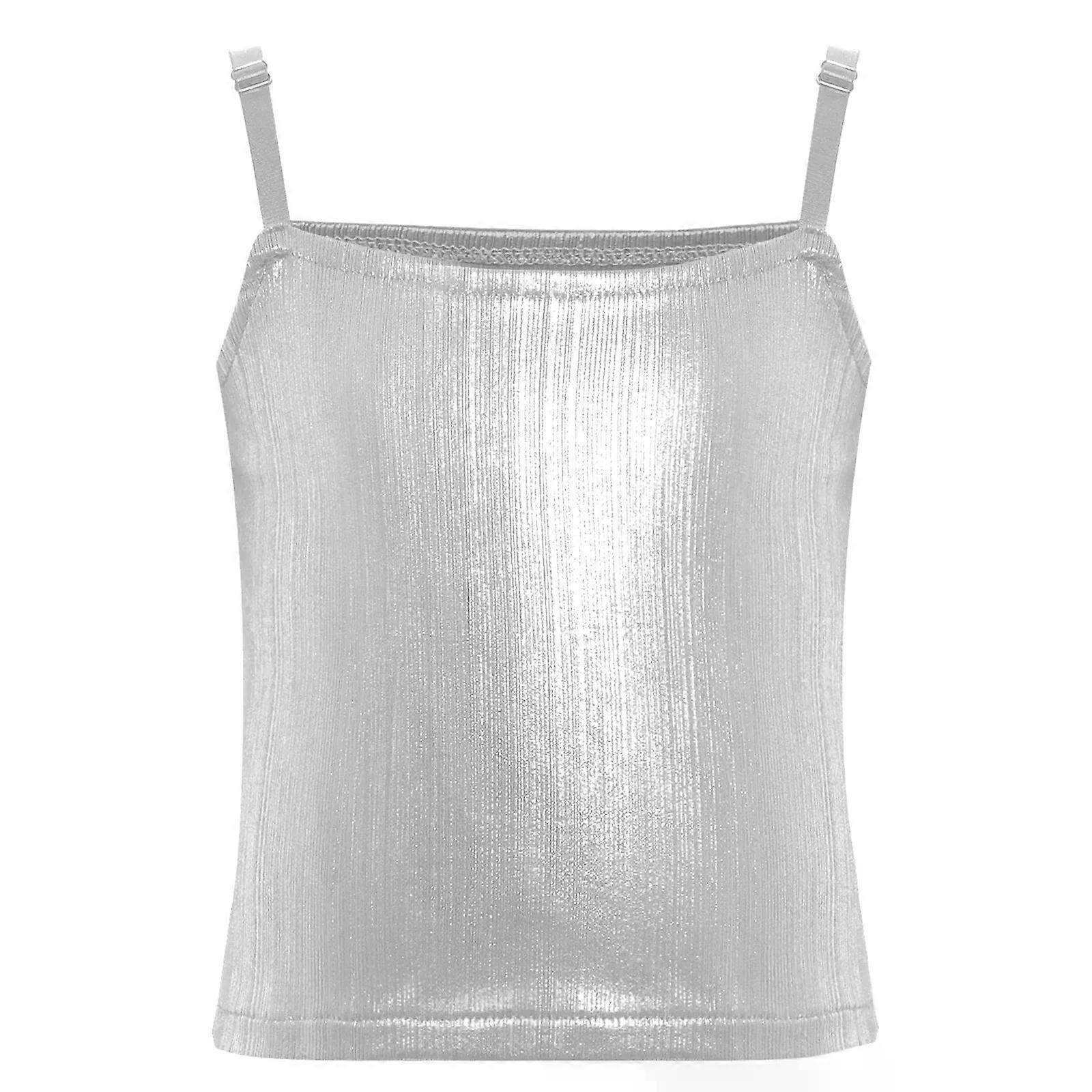 أطفال بنات سترة معدنية لامعة محاصيل أعلى الجاز الهيب هوب الباليه الرقص دبابة قمم Camisole تجريب الجمباز أداء ملابس الرقص