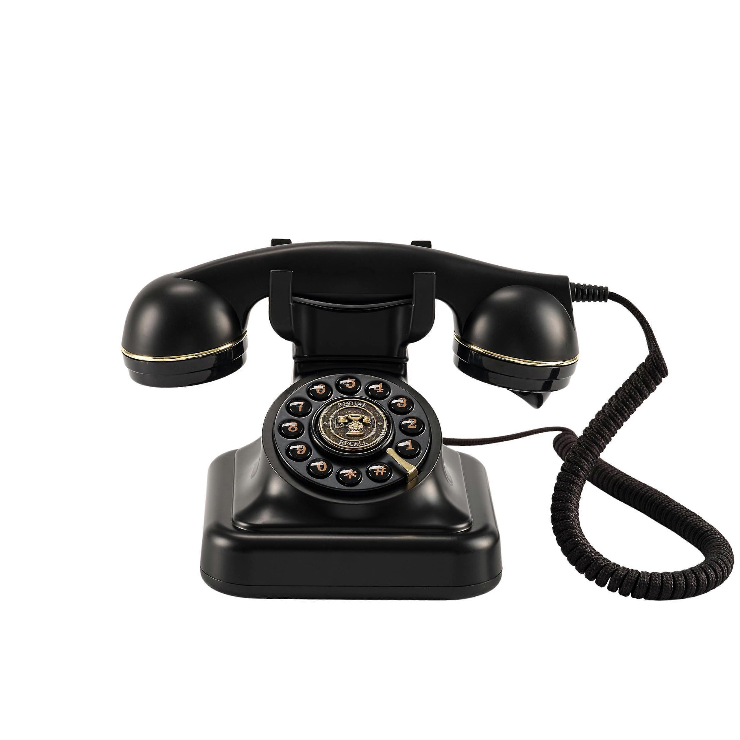 Retro landline telephone, old fashioned phone with ring control and redial function, black vintage telephone