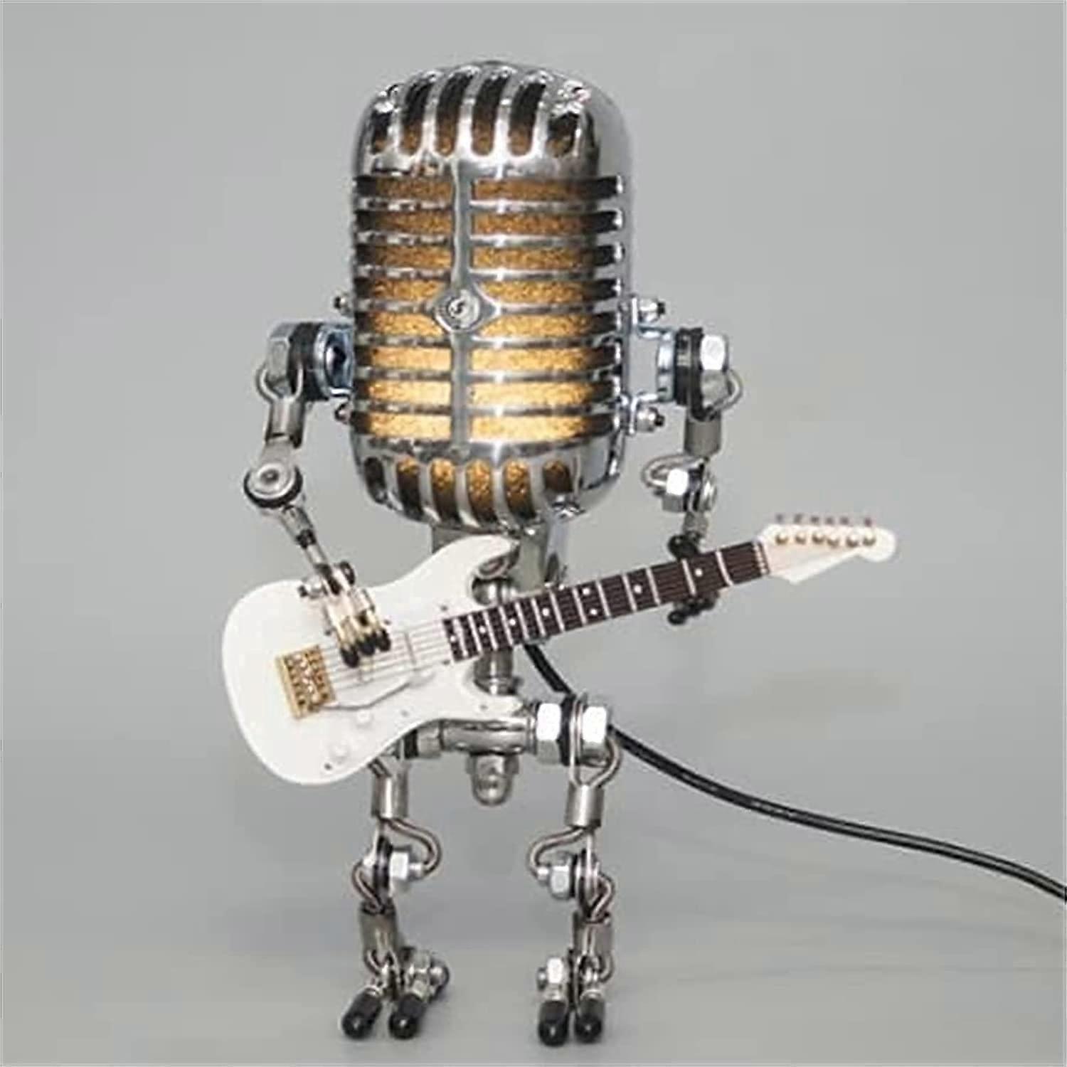 Vintage Microphone Robot Desk Lamp, Retro Style Microphone Robot Holding Guitare, White