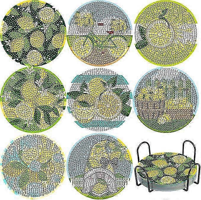 DWW 8-Piece Summer Lemon Diamond Painting Coaster Set – DIY kit με εργαλεία και βάση. φωτεινή και χαρούμενη διακόσμηση σπιτιού.