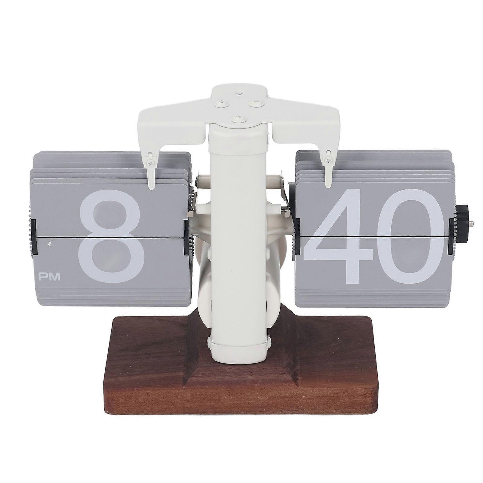 Retro Desktop Clock Minimalist Home Décor 12-Hour Mechanical Flip Clock Wooden Base Matte White Frame Grey Pages Accurate Time Display Sturdy Design 