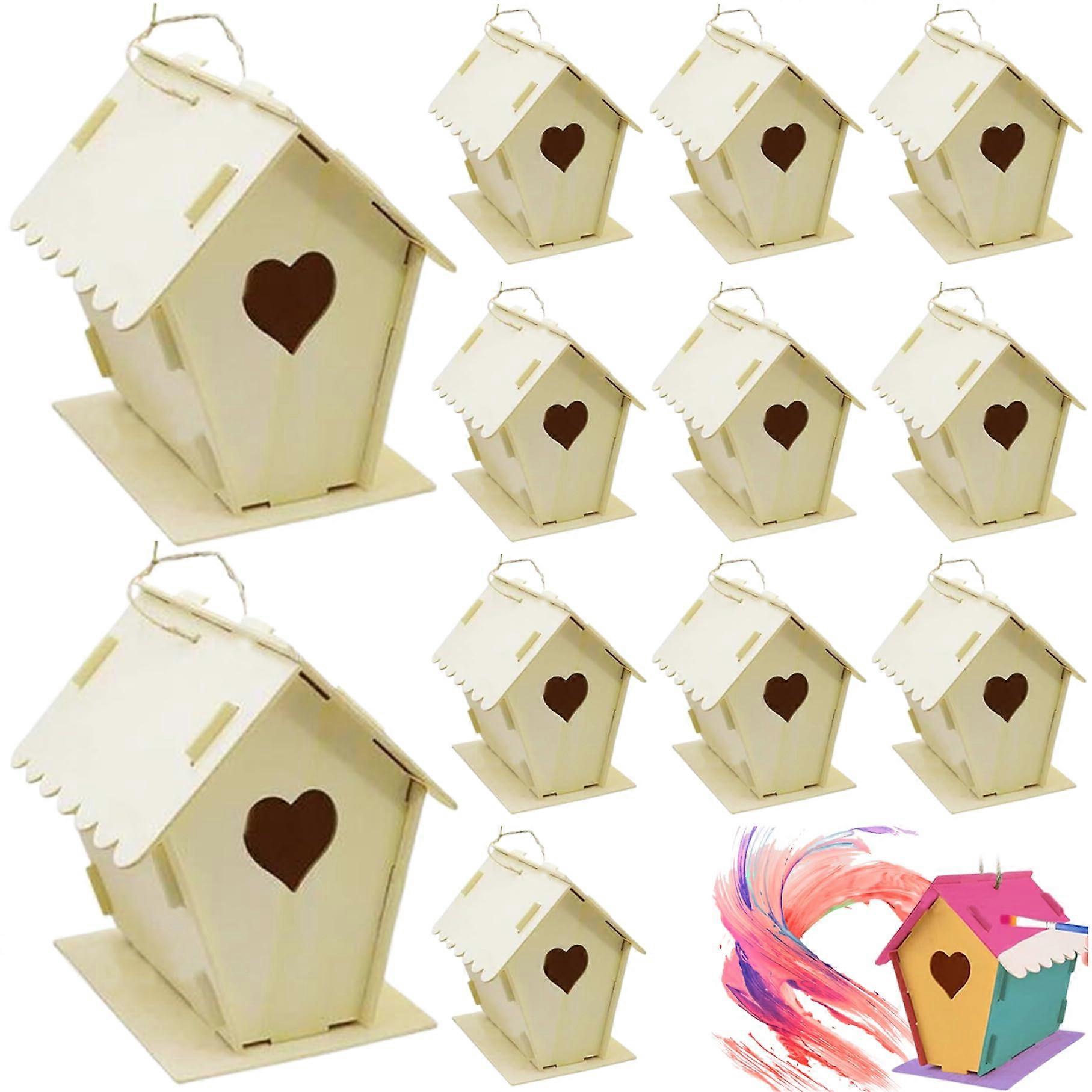 12pcs DIY Unpainted Wooden Birdhouse Kit - Heart & Fence Style with Hanging Hooks, 4x4 and 3x5 Sizes for Adults and Kids