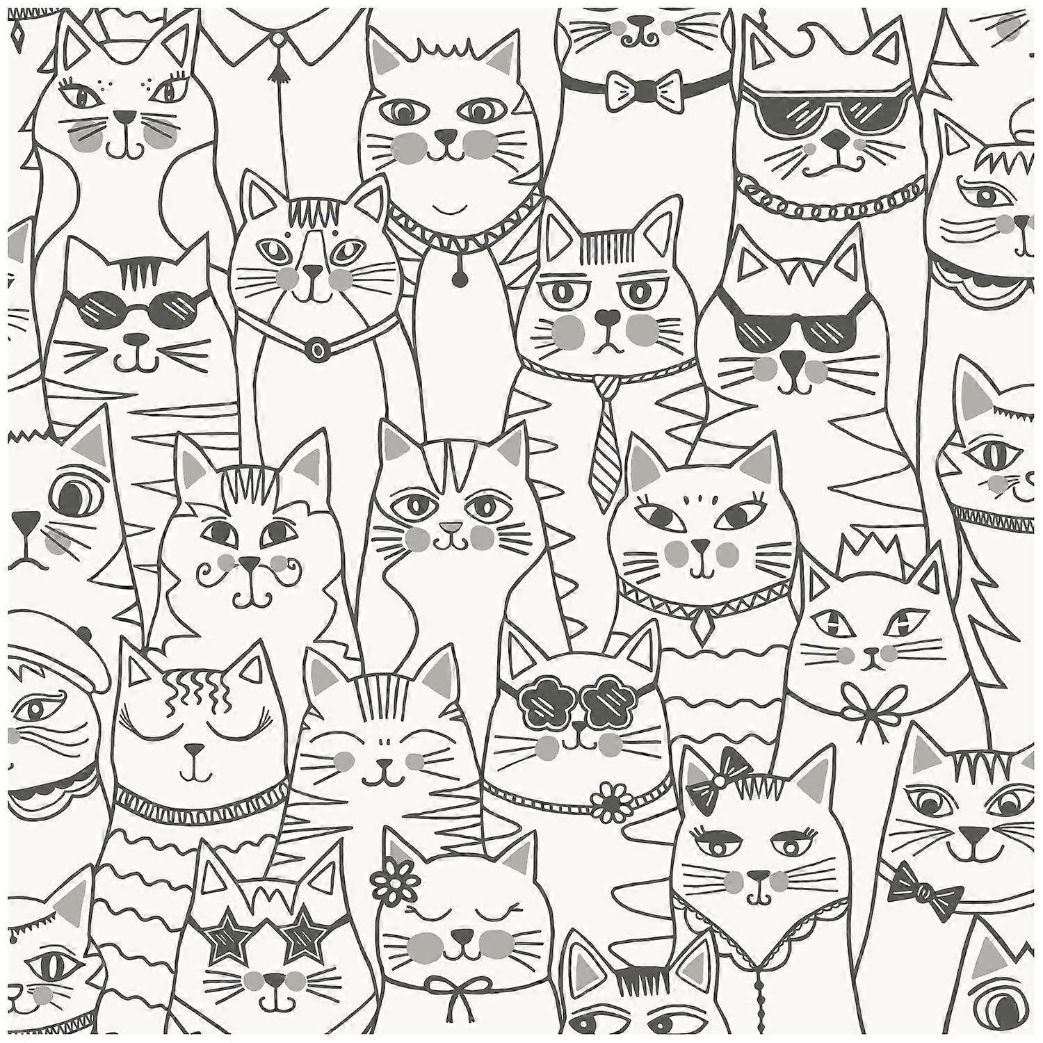 Holden Decor Colour-me Cats Black White Wallpaper