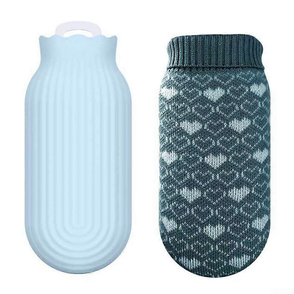 Silicone Hot Water Bottle 550 ml with Knitted Cover – Microwave and Fridge Safe, Leak-Proof Design, Wide Opening, Portable Heating Cooling Bag in Blue