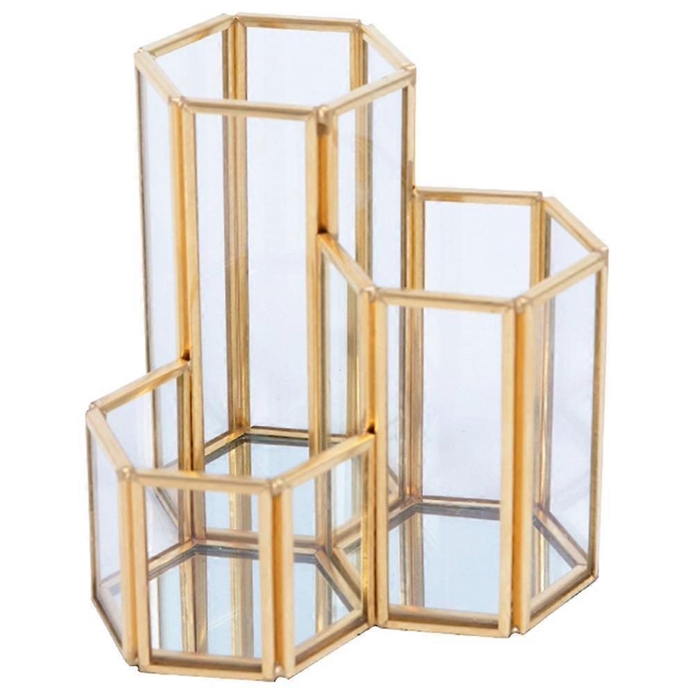 Makeup Brush Holder Organizer with Transparent Glass and Alloy Frame for Storage Use Assorted Color