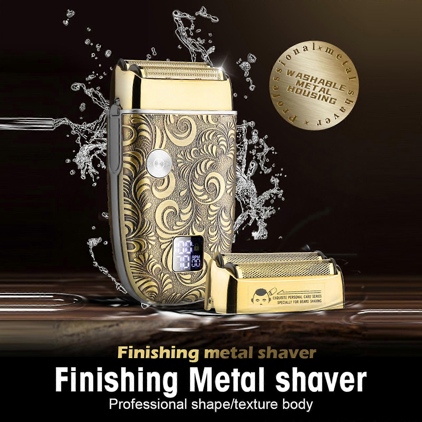 Men's electric shaver full metal body reciprocating razor double net beard razor bald machine gold USB model (with a razor net)
