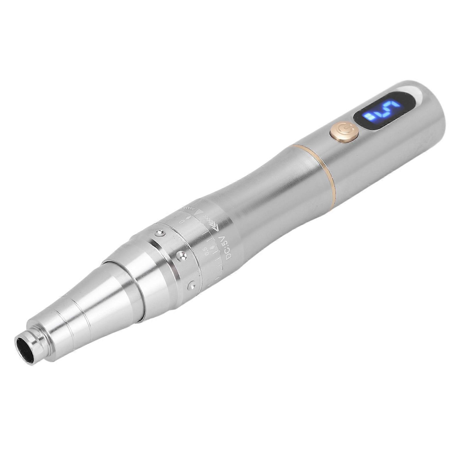 Microblading Pen Adjustable Needle Length Cordless Charging Eyebrow Lip Tattoo Pen with 4pcs Needles Silver 100‑240V US Plug