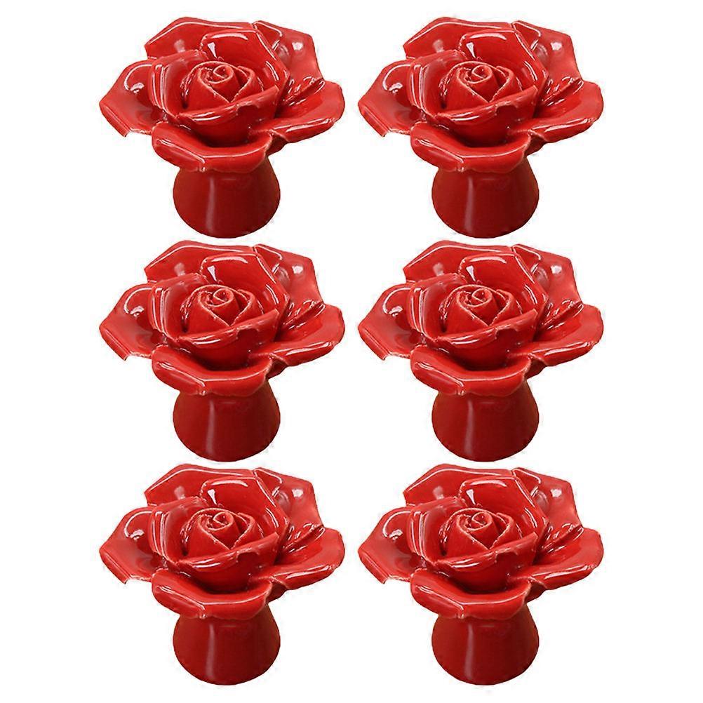 Ceramic Flower Knobs 6Pcs Door Pull For Kitchen Renovation In Red Color