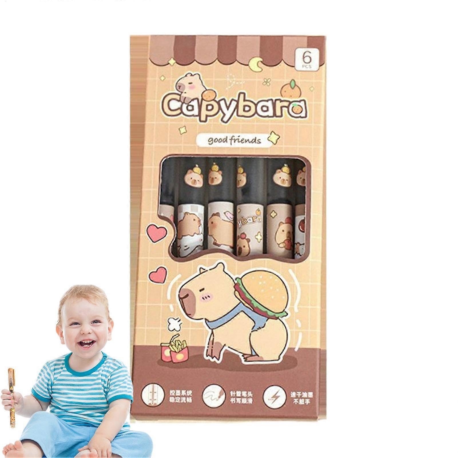Capybara Gel Pens 6-Pack Set 0.5 Mm Tip Straight Pens Cute Capybara Design Quick-Dry Ink For School
