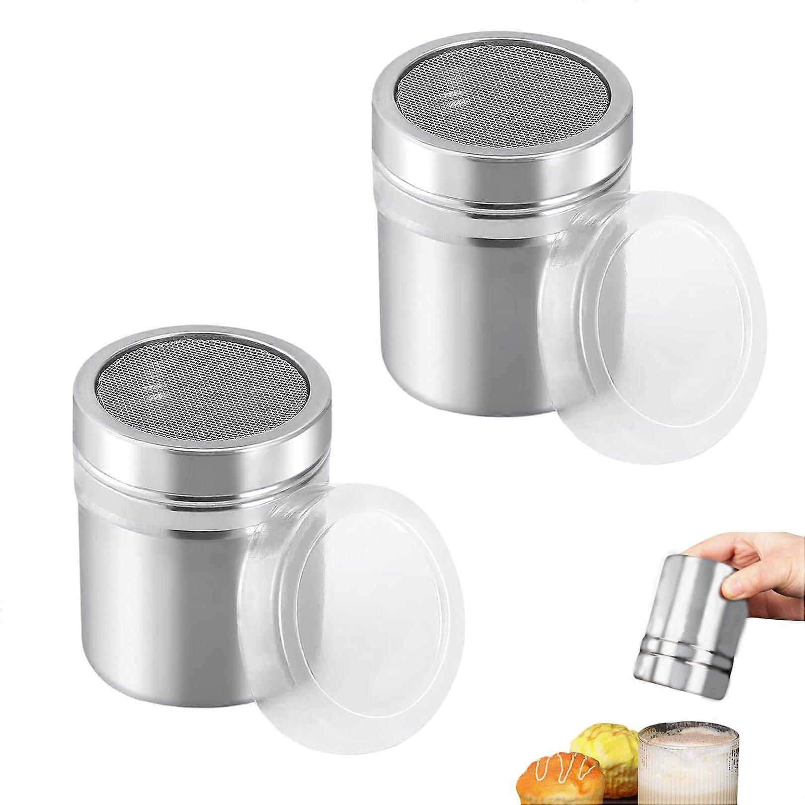 Set of 2 Stainless Steel Powdered Sugar Shakers with Lid, Cocoa Dusting Mill, Modern Design for Baking and Decorating