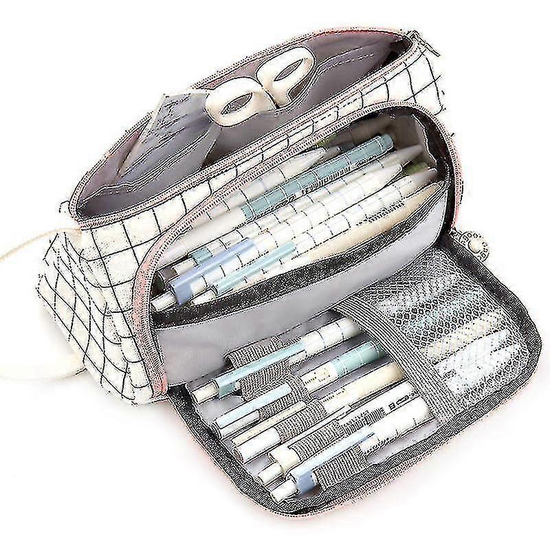 学生ペンペンケース学校文房具化粧品バッグ大容量--ホワイトチェック柄