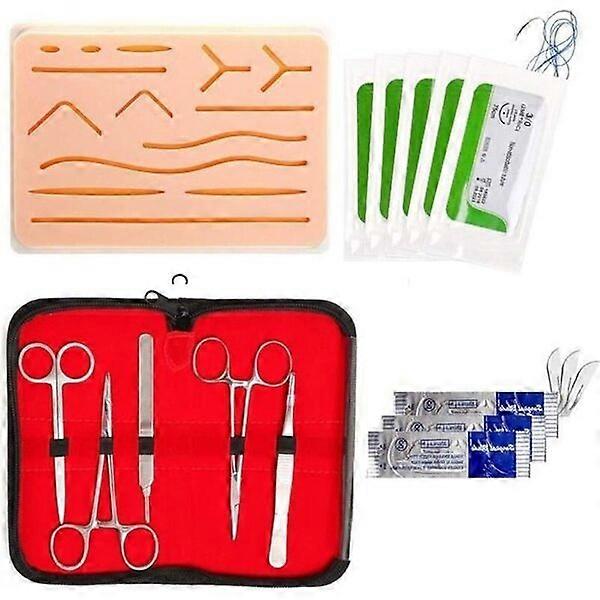 Surgical training sewing tool kit with silicone pad for implanting foreign objects to simulate object retrieval