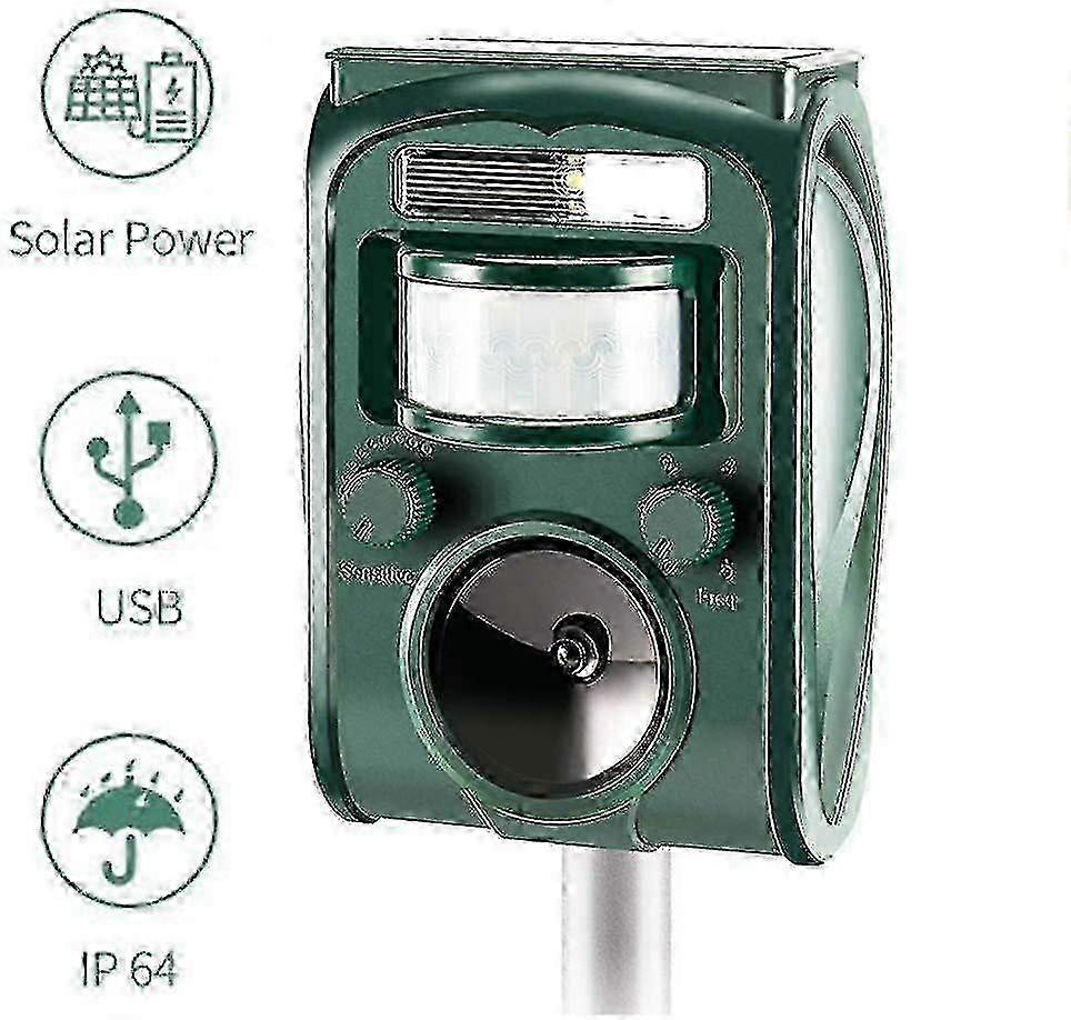 Ultrasonic Cat Repeller with Solar Power & USB Charging, Waterproof & Powerful LED Light for Animals