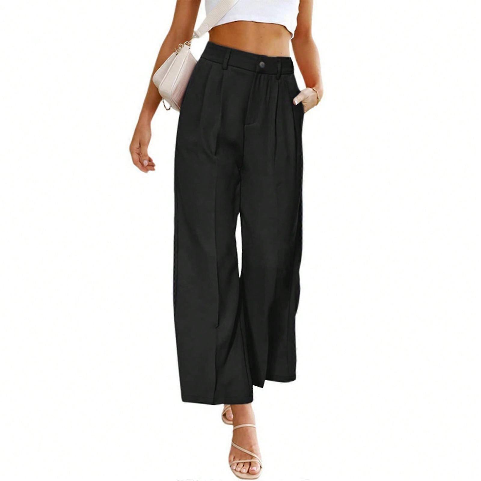 Spring Summer Fashion Wide Leg Pants Adults Woman Solid Color High Waist Wide Leg Pants Casual Comfort Commute Pants Black L