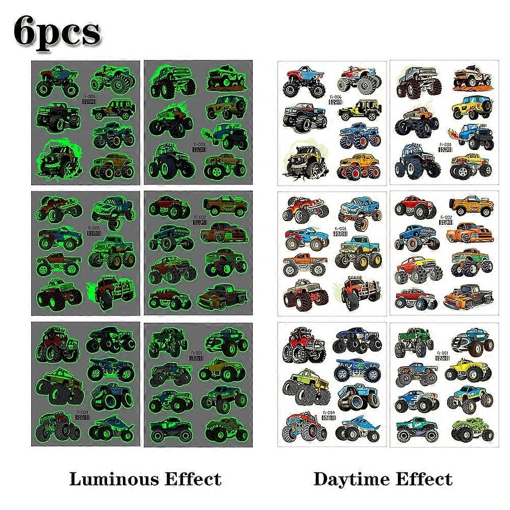 6 Sheets Luminous Tattoo Stickers Monster Truck Temporary Tattoos Glowing In the Dark Fake Tattoo Cartoon Car Tattoo For Boys