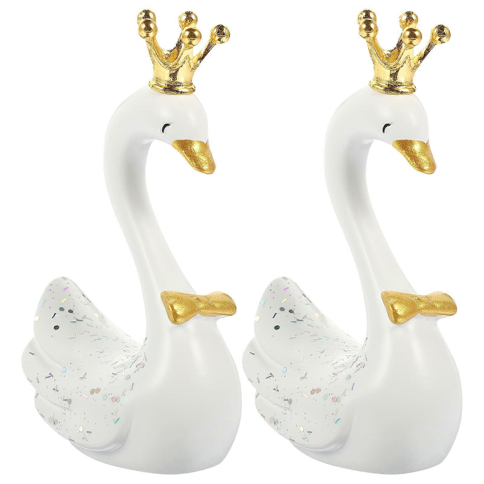 Crown Swan Figurines Resin Swan Statue 2Pcs for Party Decoration