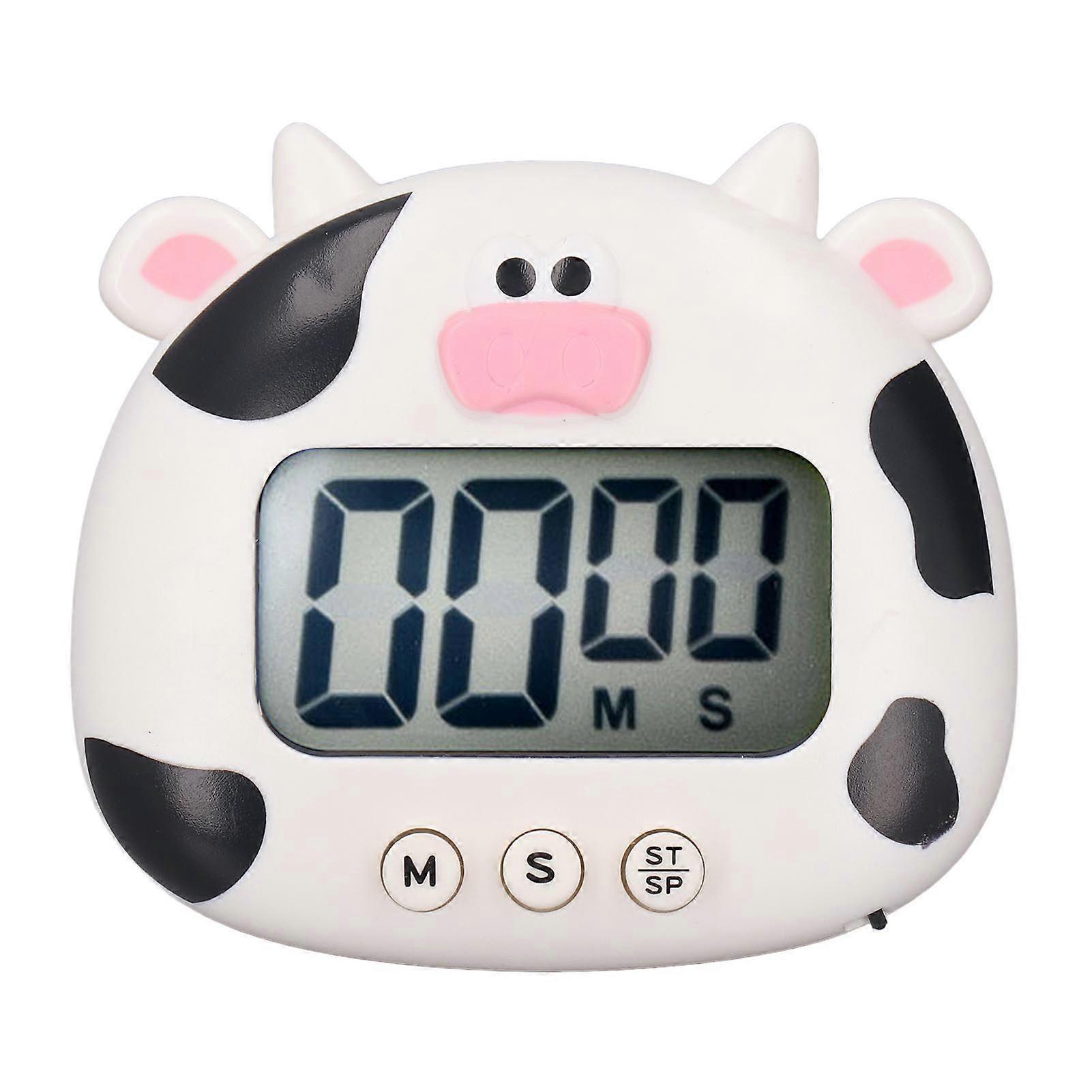 Digital Kitchen Timer Countup Countdown Cartoon Animal Sound Flash Alert Easy Operation with Stand for Cooking Teaching White Cow