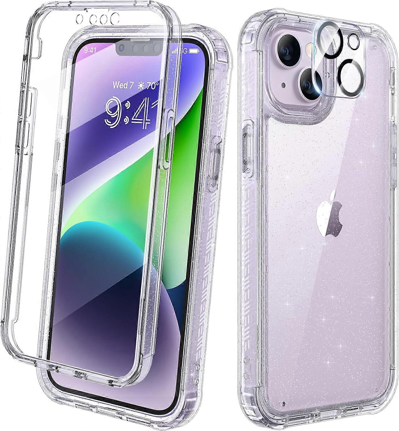 Diaclara Rugged Case for compatible with iPhone 14 Plus 6.7", Full Body Protection with Built-in Screen & Camera Lens Protector, Clear Glitter