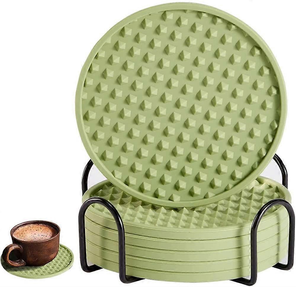 NOGIS Silicone Coasters with Holder, Non-Slip, Heat Resistant, Washable, Grooved Pattern, Compatible with Cups, Green - 6 Pack