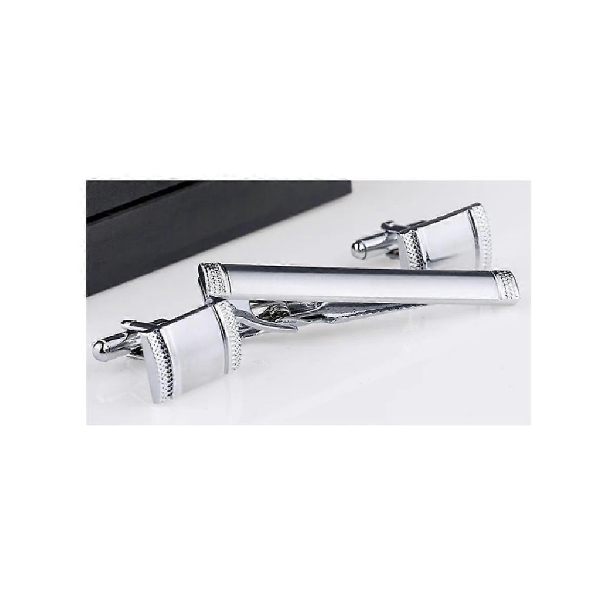Silver Tie Clip Cufflink Set Stunning Design Smart Formal Cufflinks 