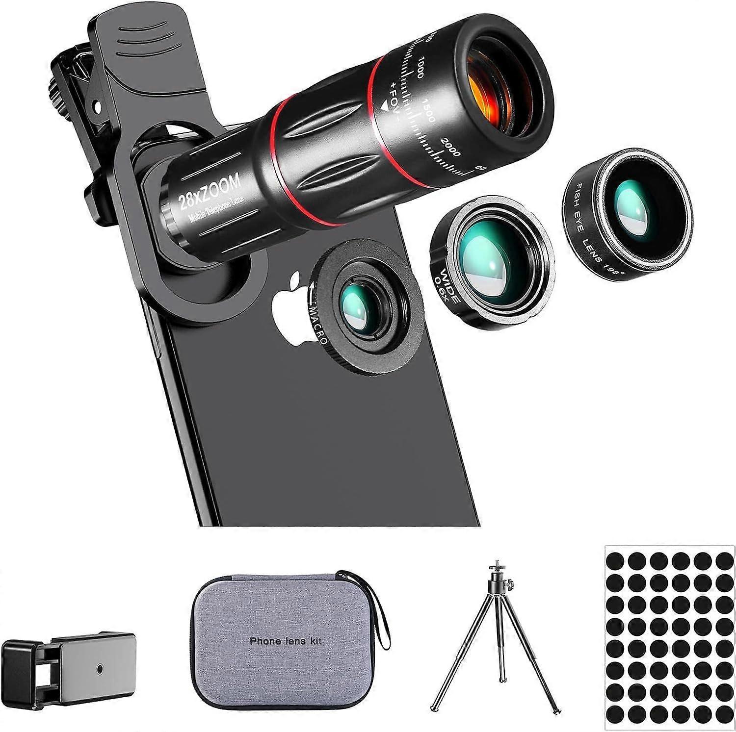 Phone Camera Lens Kit Upgraded Version Telephoto 28X Wide Angle 0.6X Macro 20X Fisheye 198