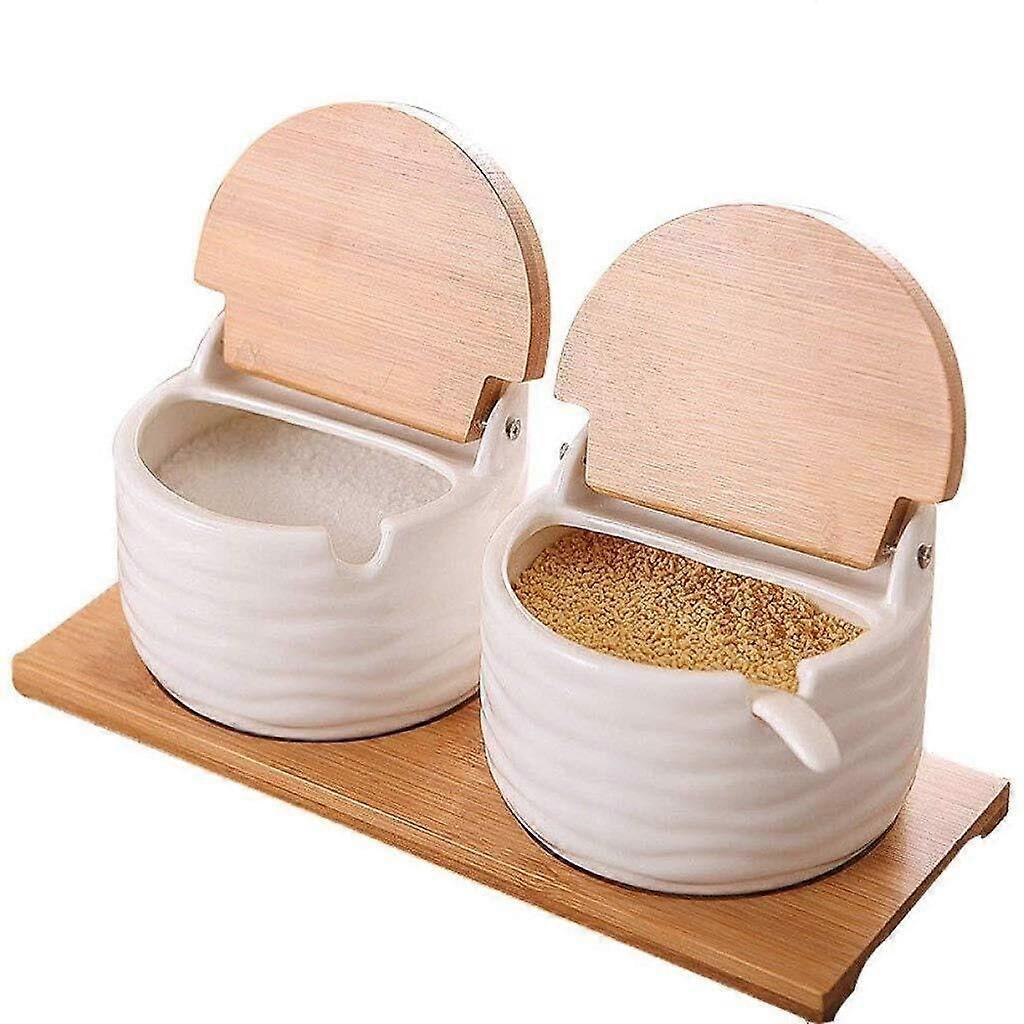 Ceramic Spice Jar Set with Bamboo Lids, 250ml Kitchen Storage Containers for Salt Sugar Pepper