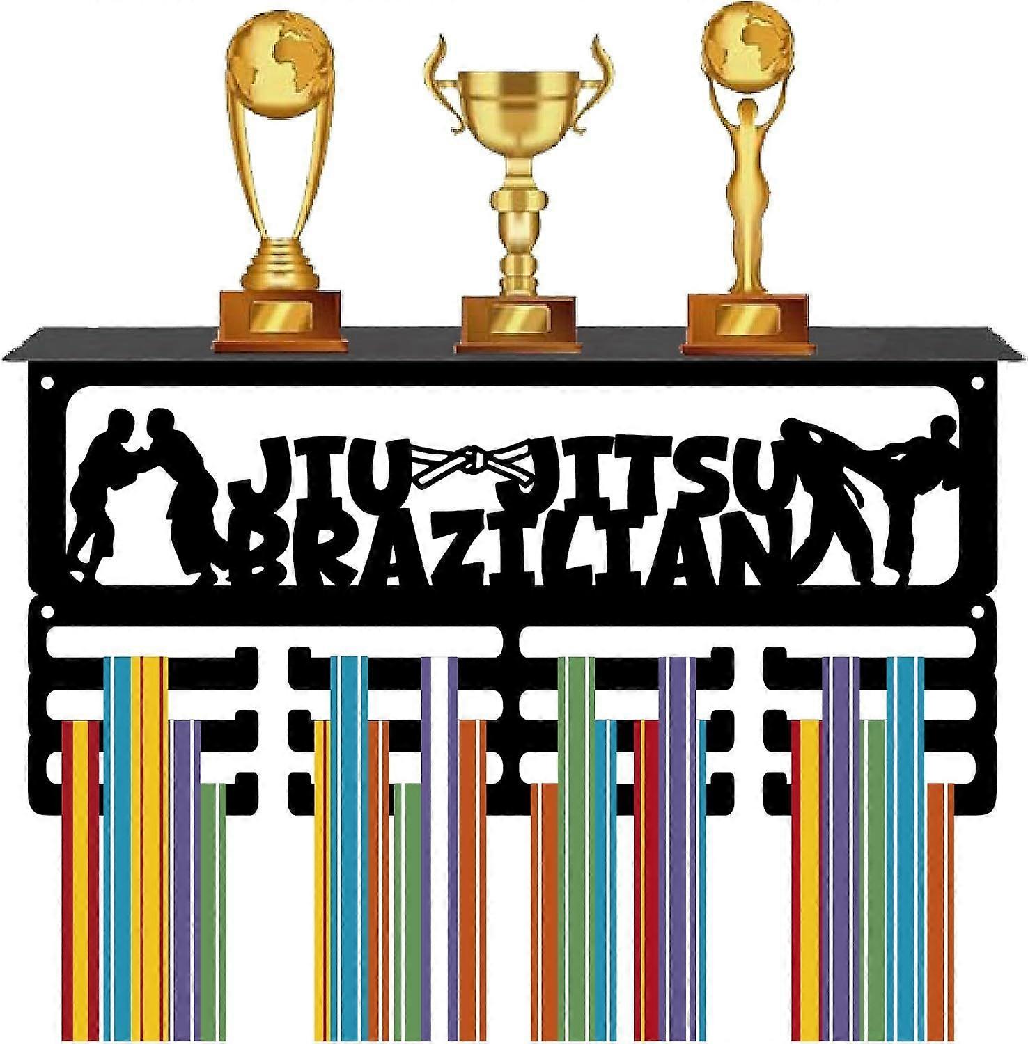 Jiu Jitsu Medal Hanger Medal and Trophy Display Rectangle Black 3 Row Hold 60+ Awards Wall Mount Frame Iron Ribbon Rack Stand Shelf for Home Sporter A