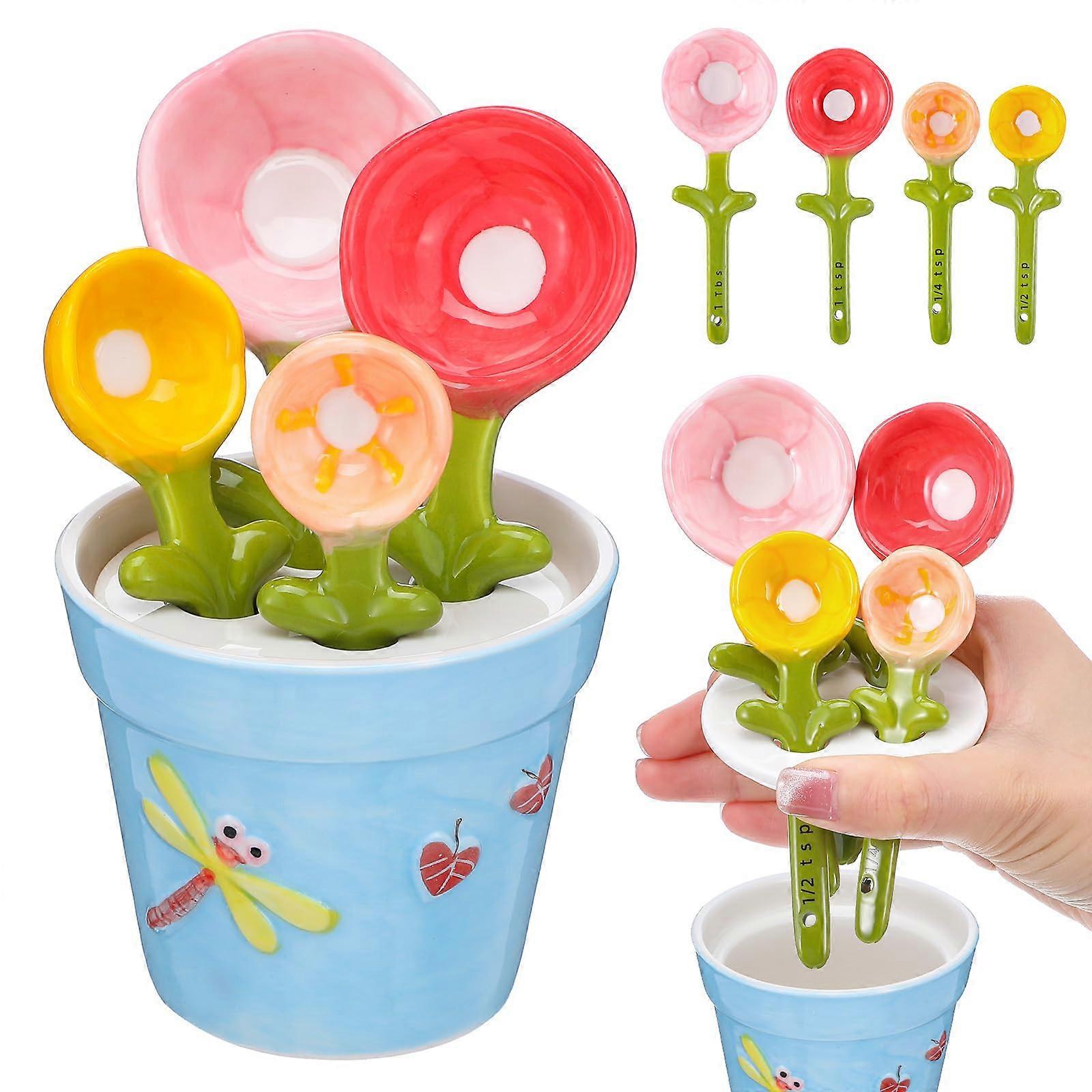 Ceramic Measuring Spoons with Holder, Decorative Flower Design, Complete Set, Dishwasher Safe Blue