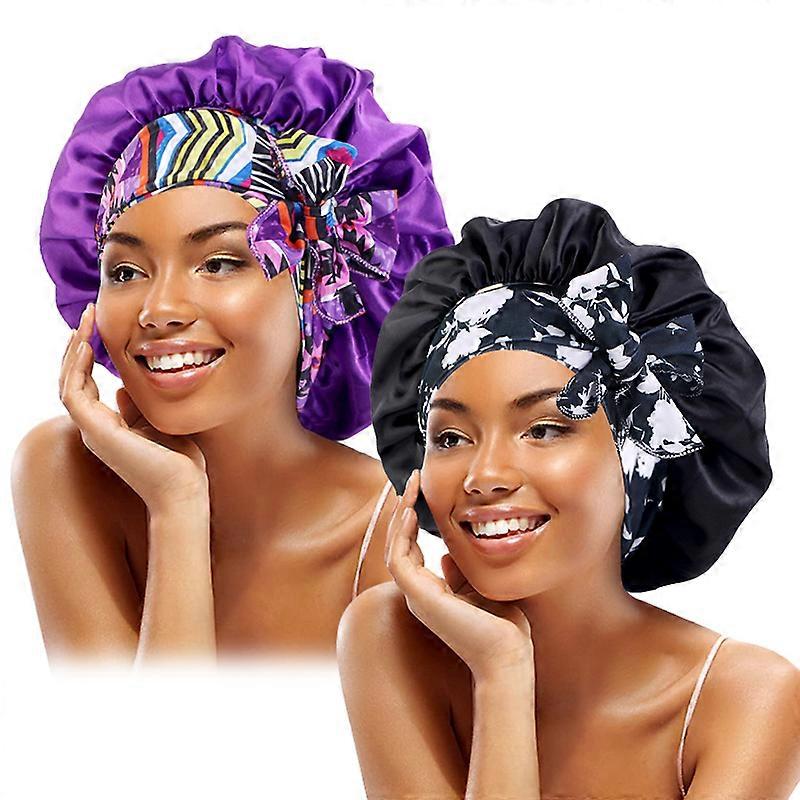 2 pi��ces/lot Boho imprim�� bandeau Satin Bonnet �� lacets n?ud papillon cheveux Bonnet ��lastique dormir nuit Bonnet douche bain Bonnets pour l