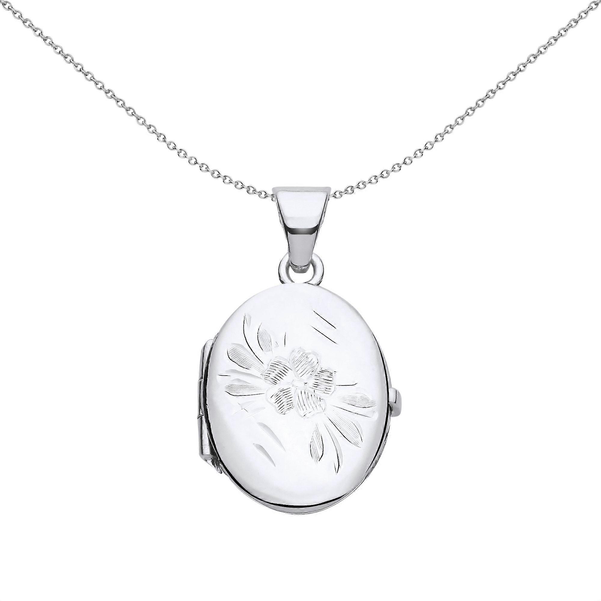 Jewelco London Ladies Rhodium Plated Sterling Silver Flower Engraved Oval Locket Pendant Necklace 18 inch