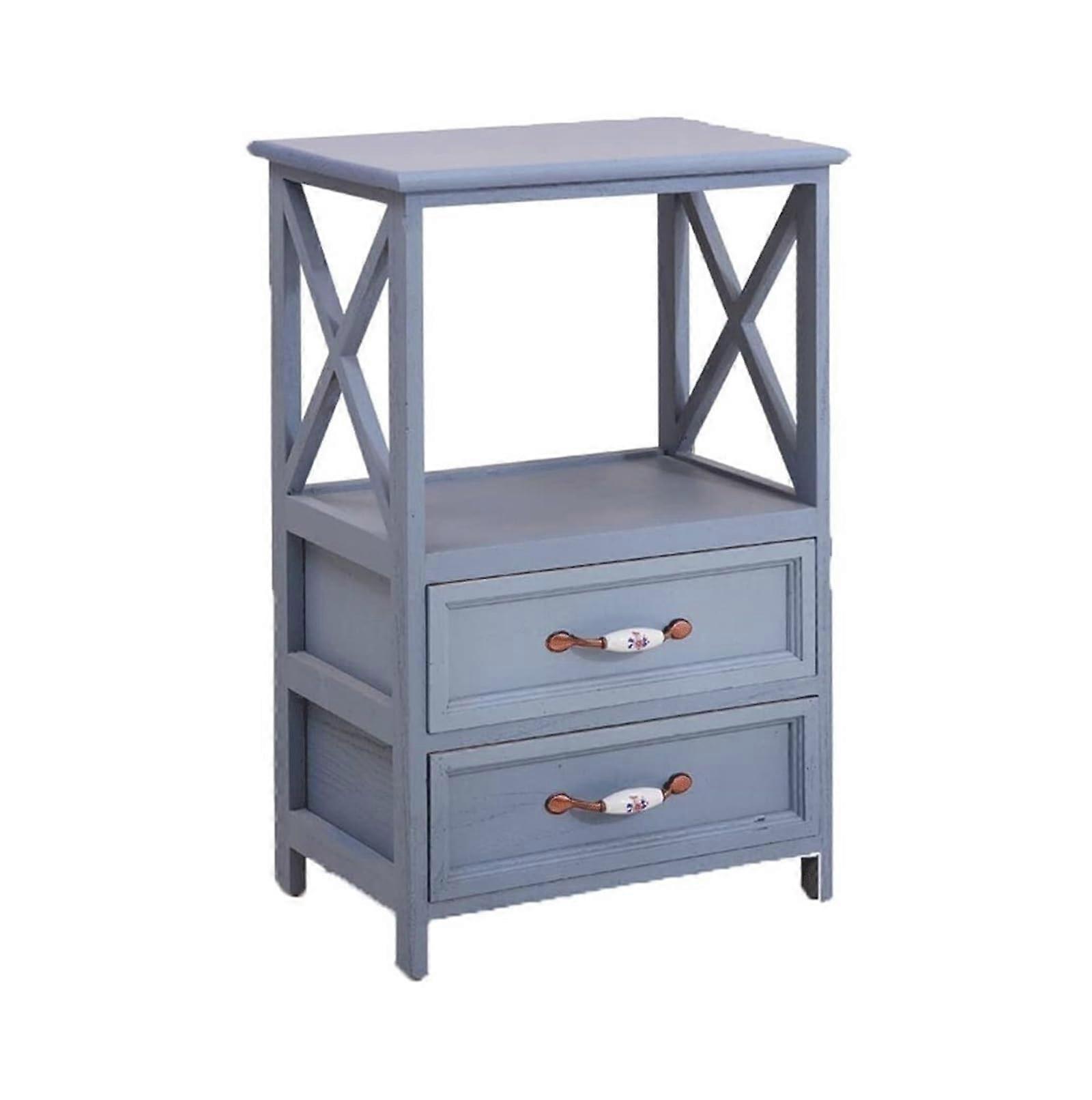 Solid Wood Nightstand with Drawers, Retro MultiLayer Bedside Table for Bedroom, Blue