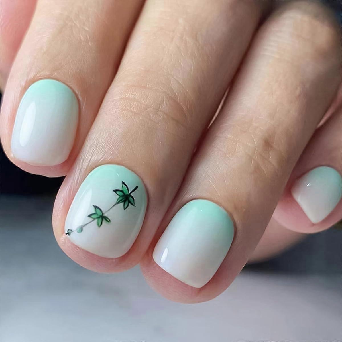 Press on Nails Extra Short Square Gradient Maple Leaf Fake Nails Acrylic Full Cover with Glue Kit 24PCS