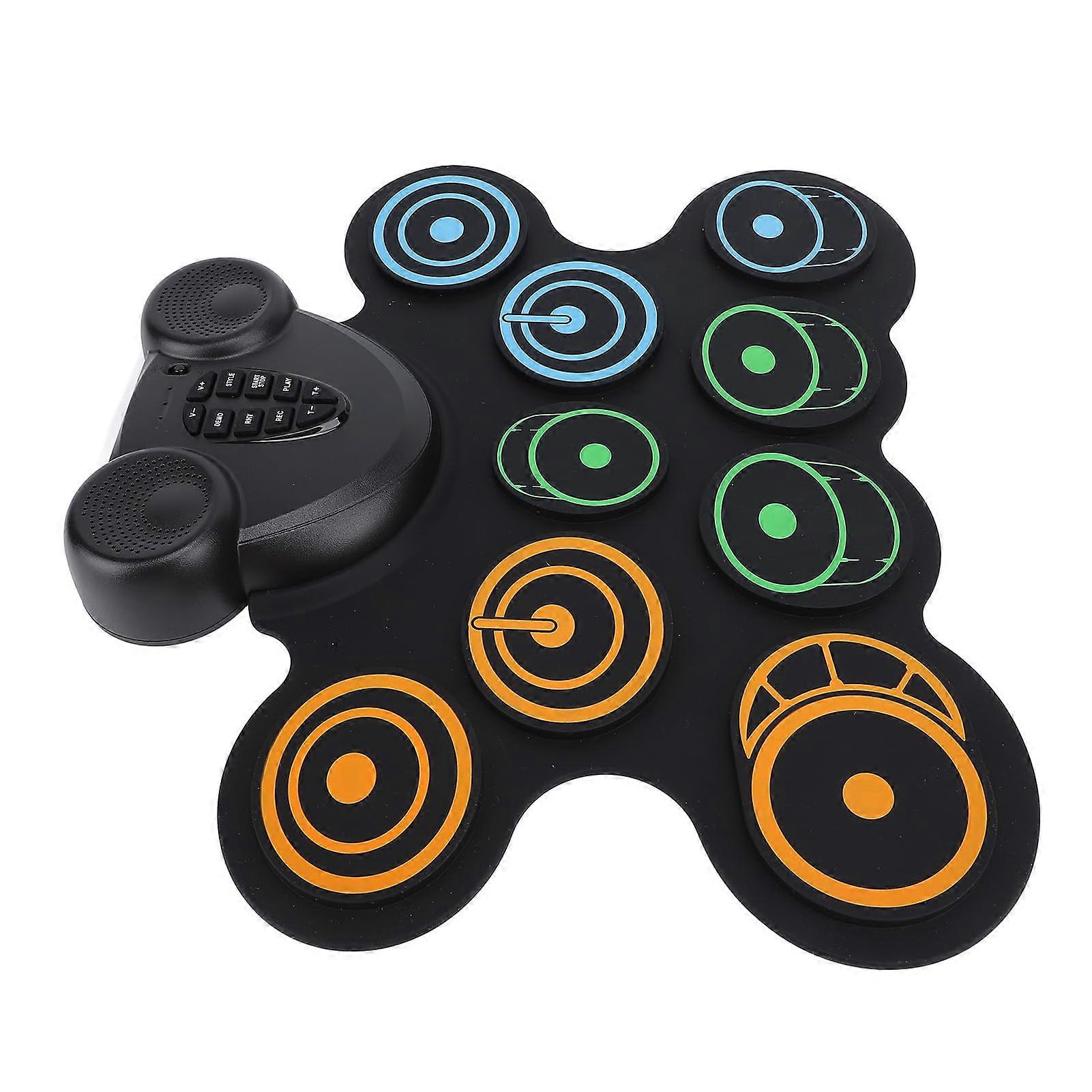 Electronic Drum Set with Soft Silicone Pads, USB Rechargeable, Dual Speakers, Roll Up Design for Beginners