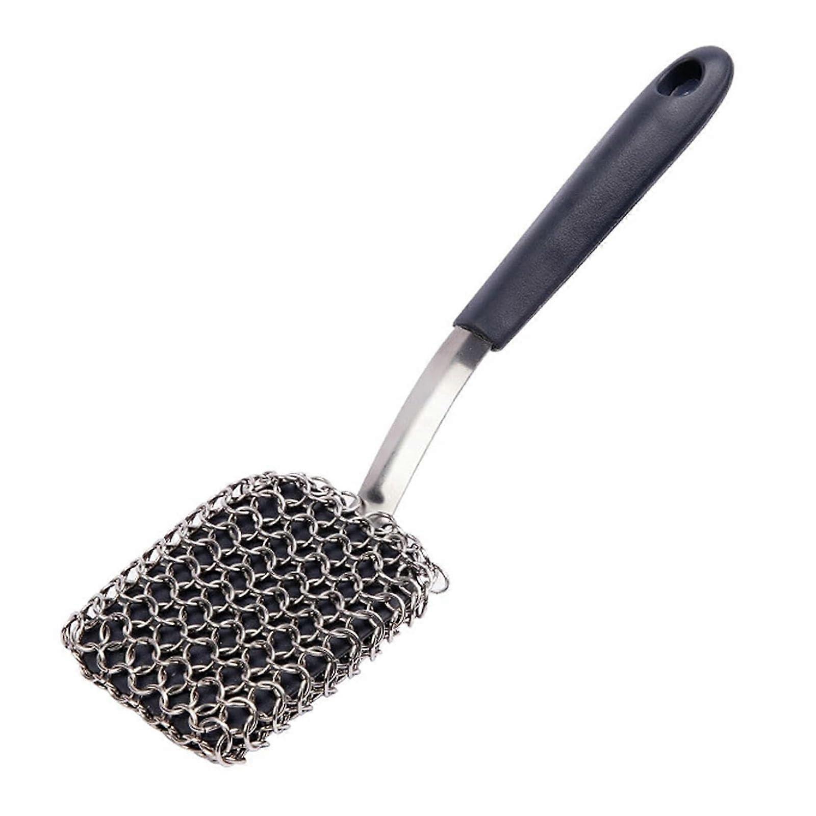 Chainmail Grill Scrubber Cast Iron Cleaner Bristle Dual Function Long Handle Black Brush