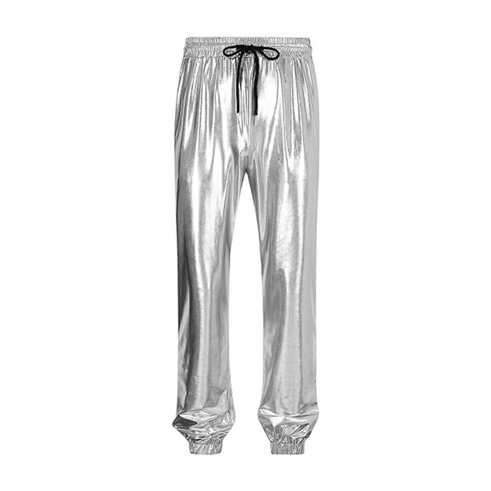 Men Performance Pants Drawstring Elastic Waist Ankle-banded with Pockets Glossy Surface Disco