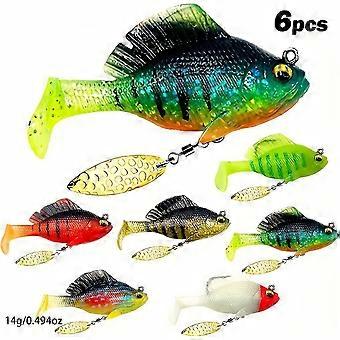 6Pcs Pre-Rigged Jig Head Soft Lures w/ Paddle Tail, 3D Eyes & Spinner Blades—Compatible with Sharp Hook, for Freshwater & Saltwater Bass Fishing