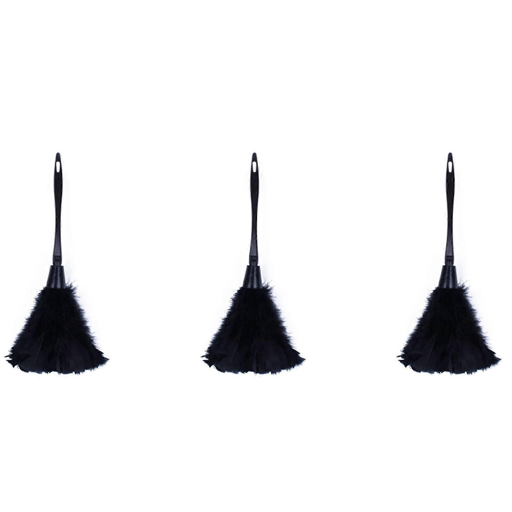 3Pc Turkey Feather Duster, Black Plastic Handle, 35cm, Cleaning Tool