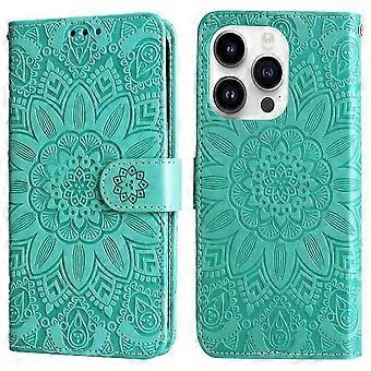 iPhone 15 Pro  Wallet Case - Embossed Sunflower Mandala Flip Cover with Card Slots & Magnetic Closure