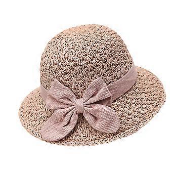 Foldable Straw Sunhat for Women Bowknot Detail Full Shade Edge Airy Braided Top with Outdoor Travel Garden Use Days  Pink