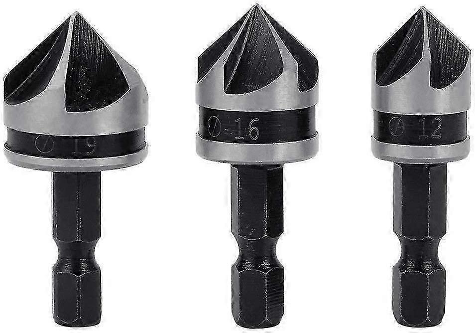 3Pc 1/4 Inch Hex Shank 5 Flute 90Chamfering Countersink Drill Bit Set