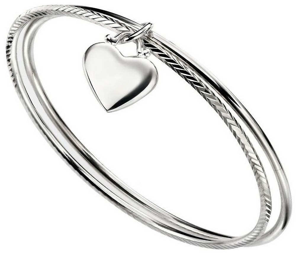 Beginnings Heart Double Diamond Cut Bangle - Silver