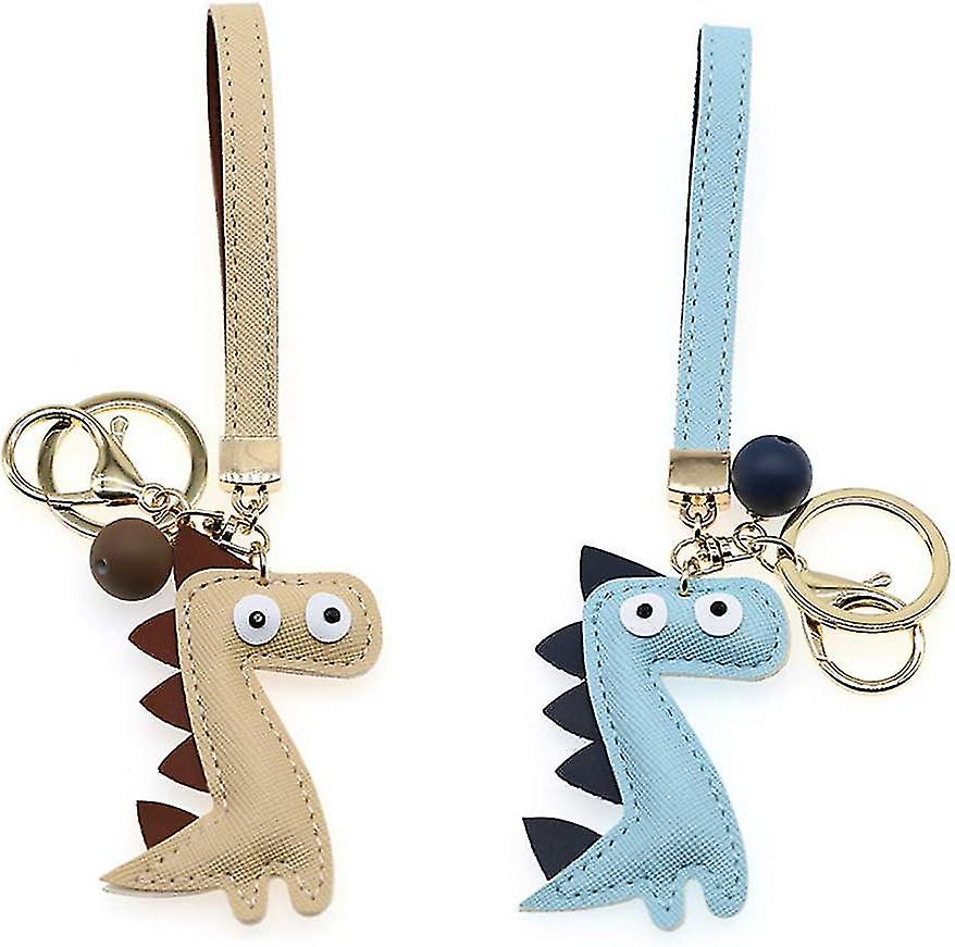 2 Pcs Dinosaur Keychains Leather Key Rings, Novelty Purse Charm Keychain(apricot+blue)