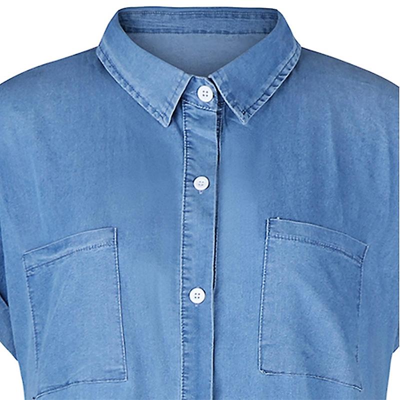 Zontroldy Women's Denim Shirt – Short Sleeve Button-Down Blouse With Tie Front & Rolled Sleeves
