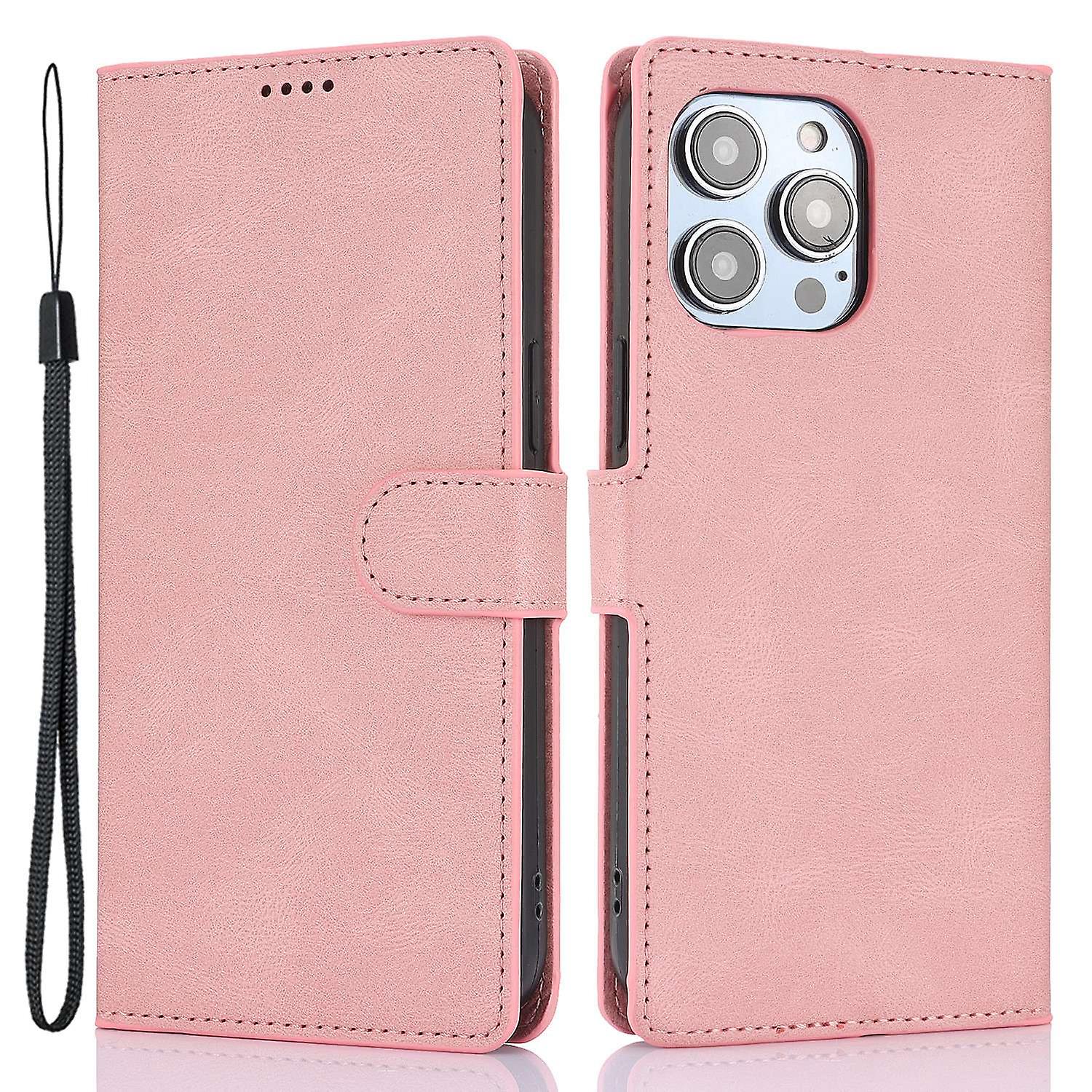 For iPhone 16 Pro Max Case Wallet PU Leather Stand Phone Cover with Wrist Strap - Pink