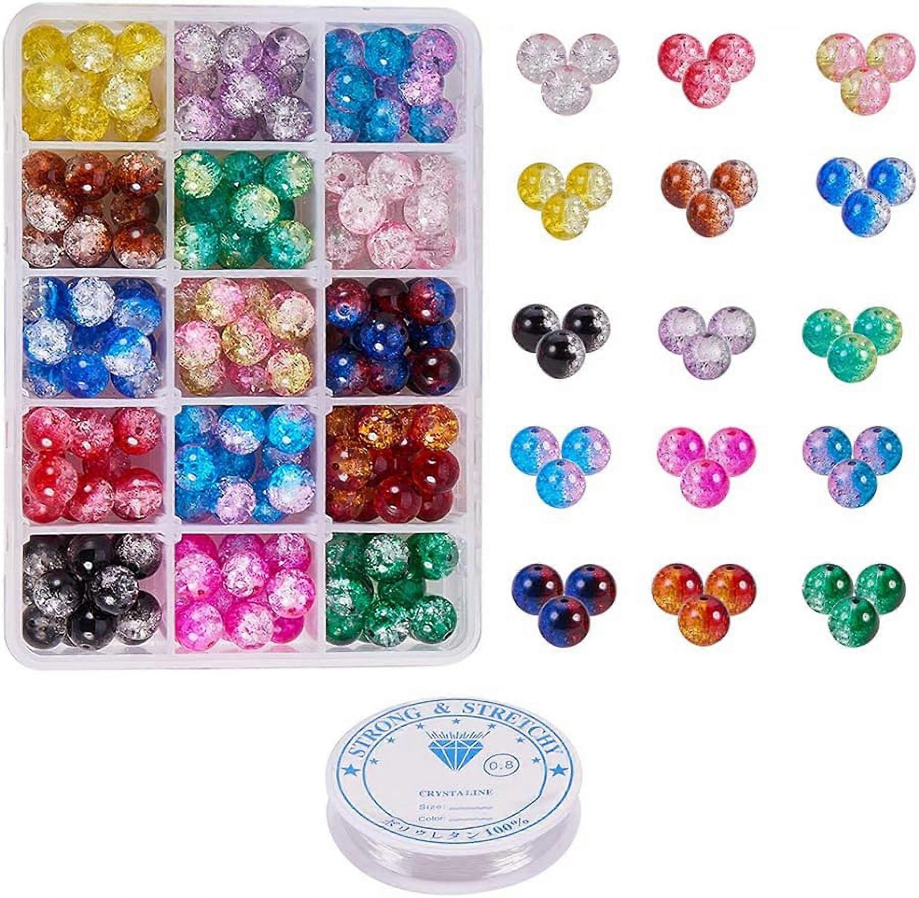 195pcs 15 Cores 10mm Contas Crackle Redondas Pintadas com Spray Lampwork Contas de Vidro Sortimento Lote com 0,8mm Fio Elástico de Cristal para Pulseira Colar Orelha